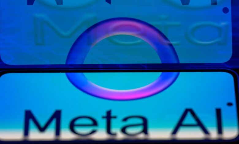 Close-up of the Meta AI logo, a purple and pink ring on a blue background.
