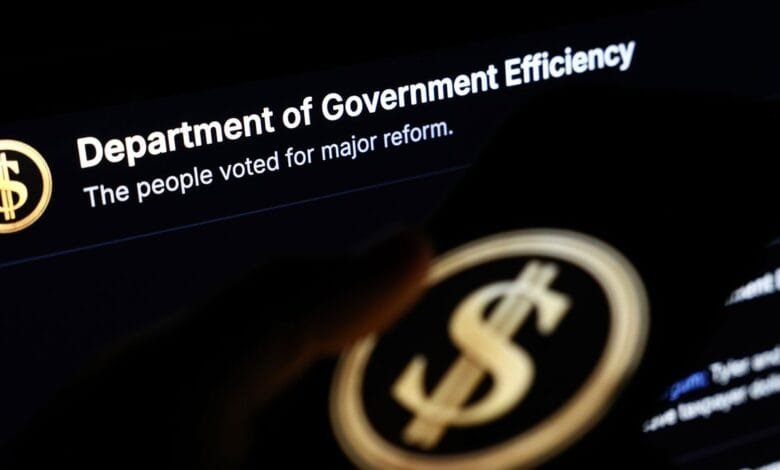 Screen displaying 'Department of Government Efficiency' and 'The people voted for major reform' with a gold dollar coin.