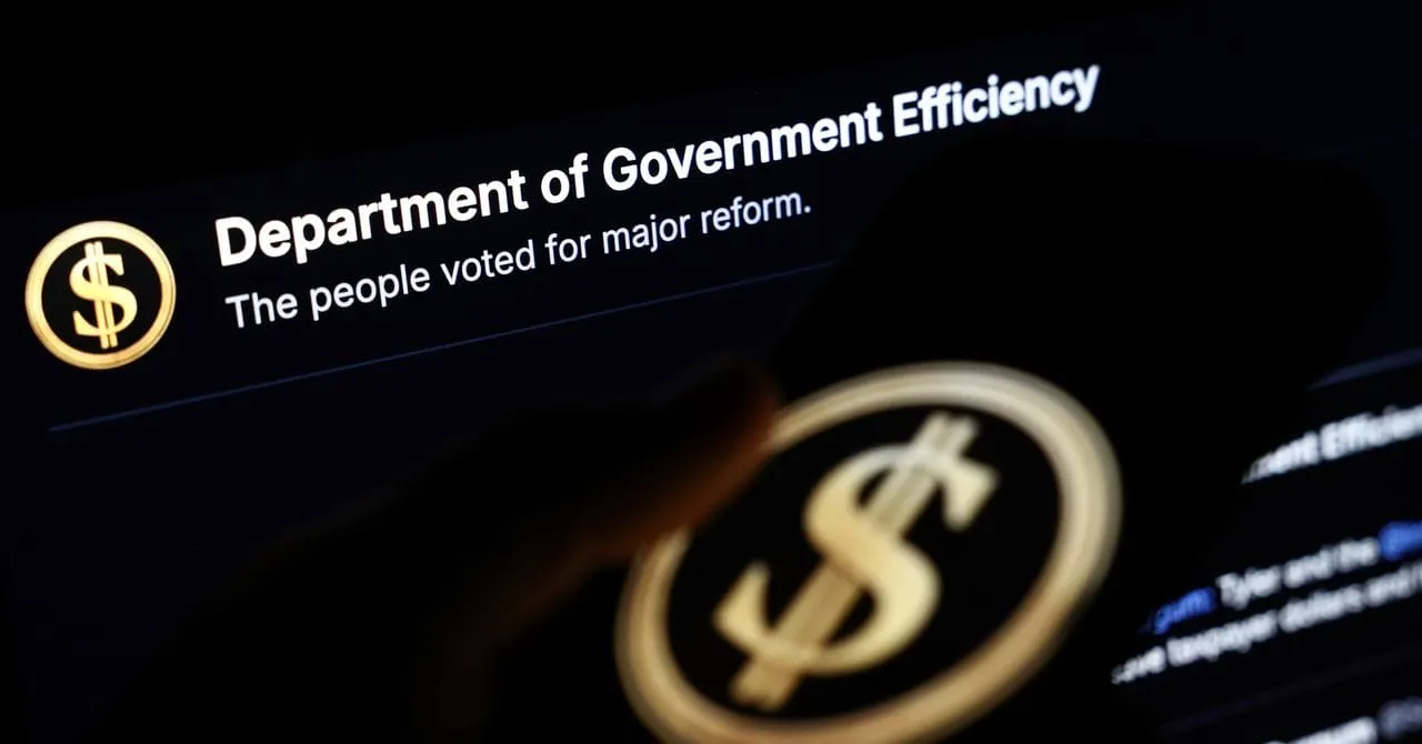 Screen displaying 'Department of Government Efficiency' and 'The people voted for major reform' with a gold dollar coin.