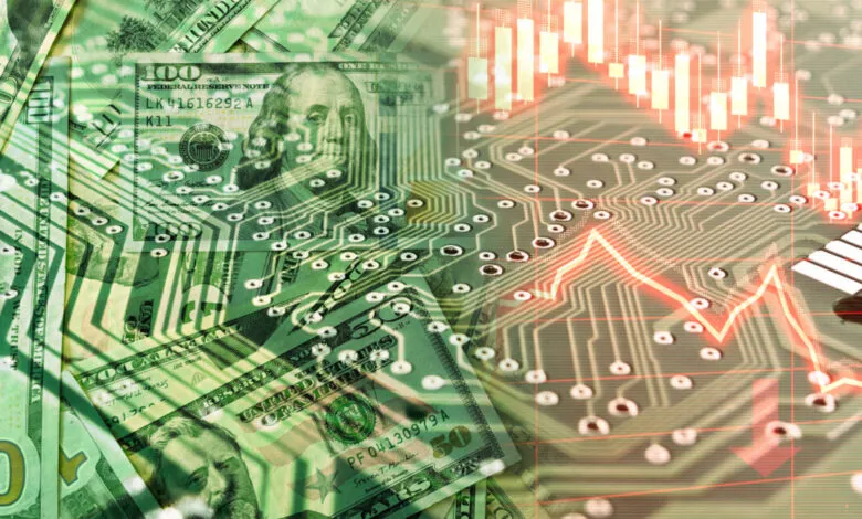 US dollar bills overlaid on a circuit board with a downward trending stock market graph, symbolizing economic impact on tech.