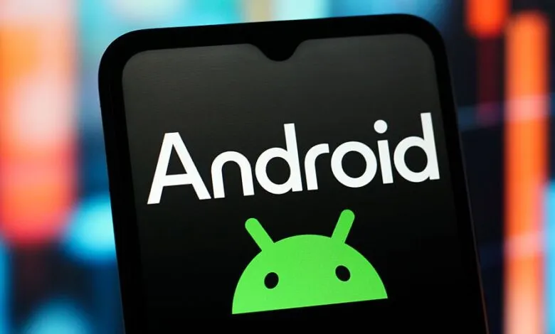 Android logo displayed on a smartphone screen against a blurred background of stock market charts.