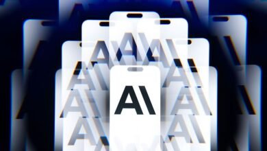 Multiple white cards with the AI logo, distorted by a glitch effect on a dark blue background.