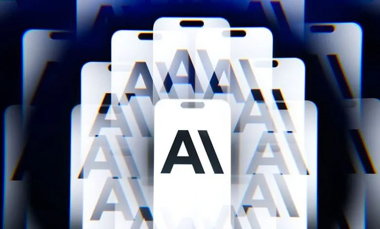 Multiple white cards with the AI logo, distorted by a glitch effect on a dark blue background.