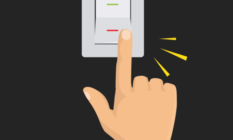 Hand turning on a light switch; simple illustration.