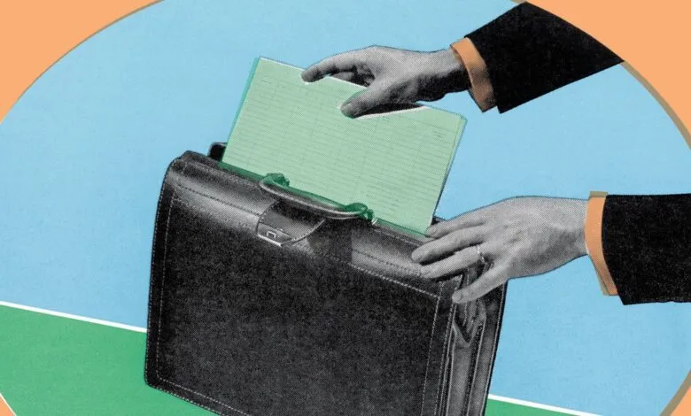 Hands placing documents into a vintage briefcase against a pastel background.
