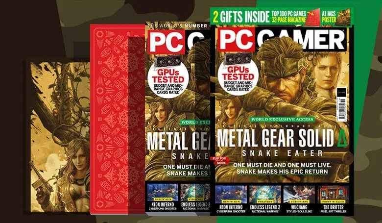 Two PC Gamer magazine covers featuring Metal Gear Solid 3: Snake Eater, alongside a red booklet. GPUs tested are highlighted.