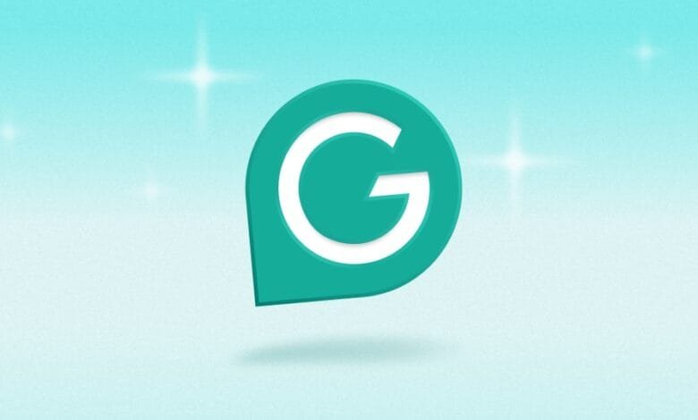 Teal map marker with a white G inside, set against a light blue, sparkly background.