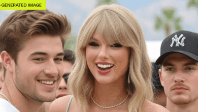 Taylor Swift smiles broadly between two men, one with light brown hair and the other wearing a New York Yankees cap.