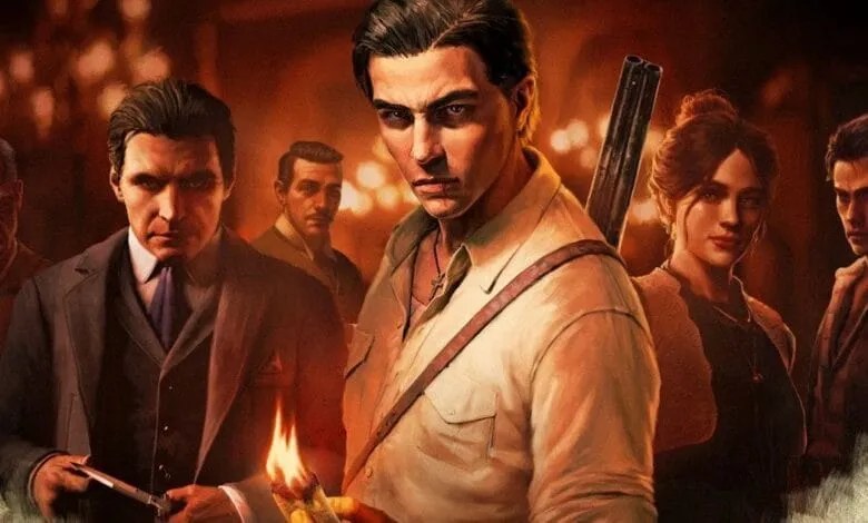 A group of characters, possibly from a video game, stand in a dimly lit room. One man holds a burning torch, others hold weapons.