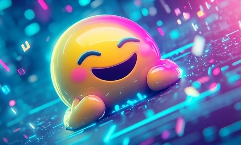 Smiling 3D emoji in vibrant neon colors, resting on a futuristic digital surface.