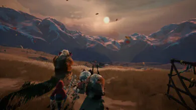 Stylized video game scene: child and furry creatures walk towards snowy mountains at sunset.