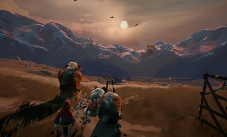 Stylized video game scene: child and furry creatures walk towards snowy mountains at sunset.