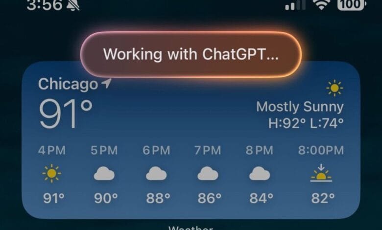 Smartphone screen showing a Chicago weather forecast of 91°F at 4 PM, mostly sunny. A notification displays 'Working with ChatGPT...'