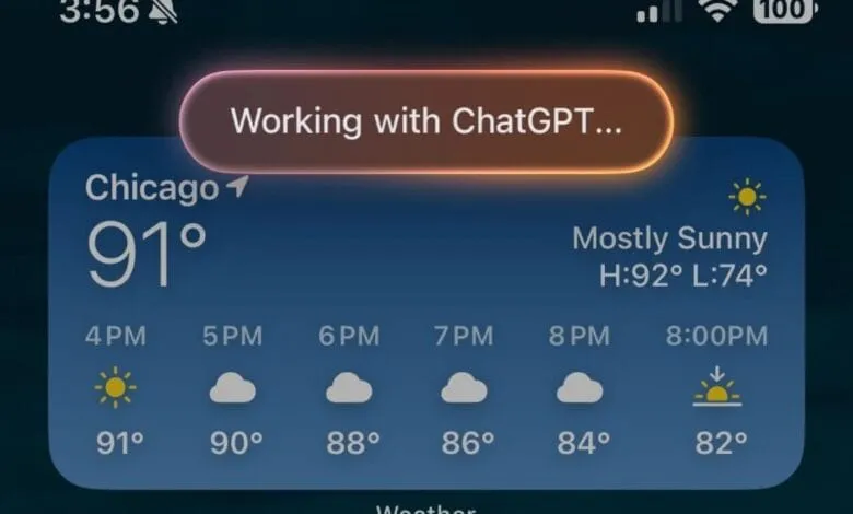 Smartphone screen showing a Chicago weather forecast of 91°F at 4 PM, mostly sunny. A notification displays 'Working with ChatGPT...'