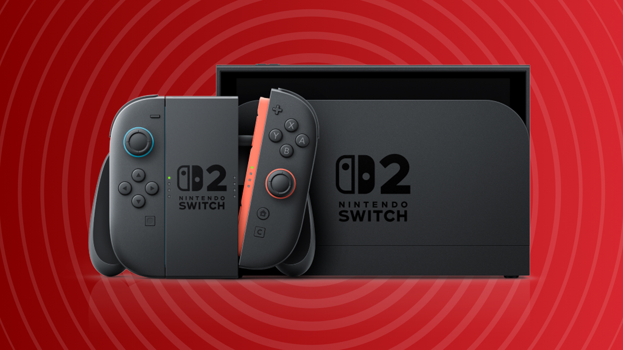 Nintendo Switch OLED model with a dark gray console and coral joy-cons in its box.