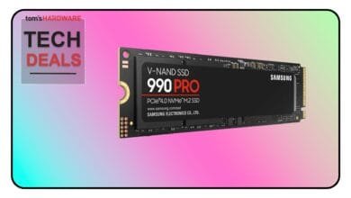 Samsung 990 Pro PCIe 4.0 NVMe M.2 SSD shown against a colorful background.