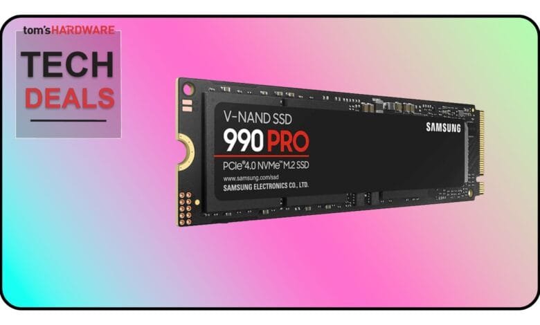 Samsung 990 Pro PCIe 4.0 NVMe M.2 SSD shown against a colorful background.