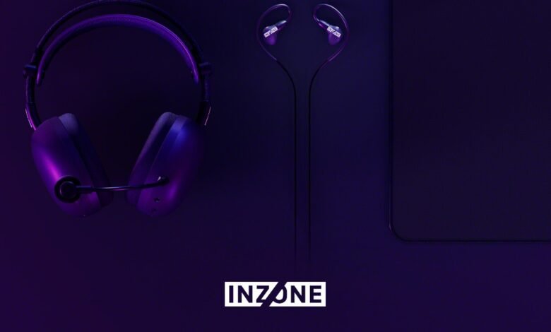 InZone headphones and earbuds on a dark purple background. High-quality audio equipment.