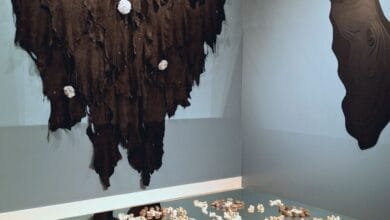 Modern art installation: dark brown leather-like pieces, off-white sculptures, and a dark brown wall piece resembling an oyster shell.