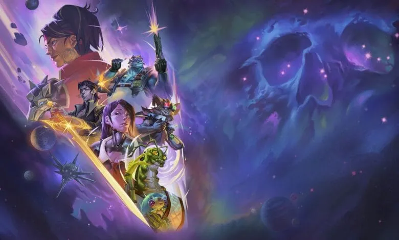 A vibrant cosmic scene featuring a diverse team of characters, a glowing sword, and a skull-shaped nebula.