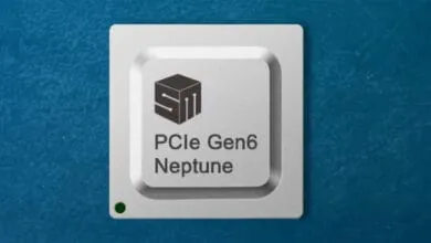 Close-up of a silver PCIe Gen6 Neptune chip against a teal background. The chip features a logo and text.