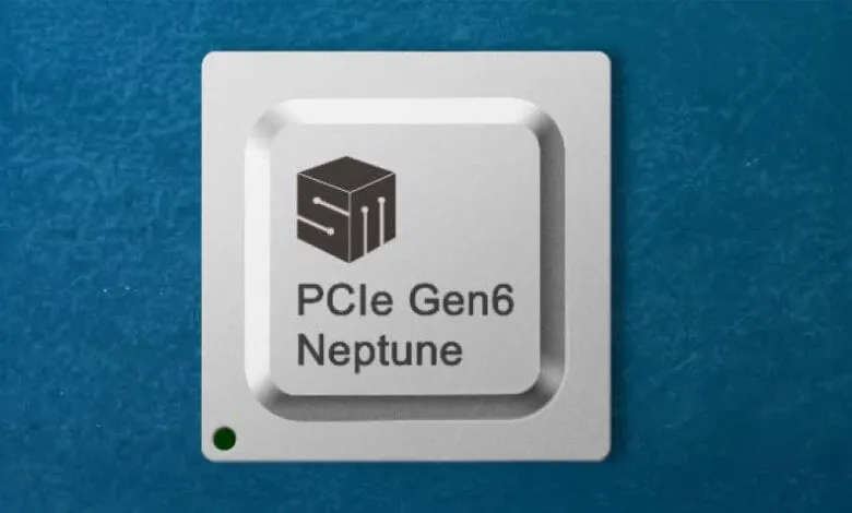 Close-up of a silver PCIe Gen6 Neptune chip against a teal background. The chip features a logo and text.