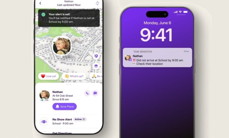 Life360 app shows a location alert: Nathan didn't arrive at school by 9 am. A map and notification are displayed.