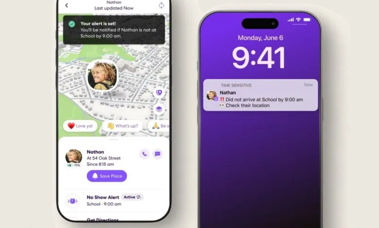 Life360 app shows a location alert: Nathan didn't arrive at school by 9 am. A map and notification are displayed.