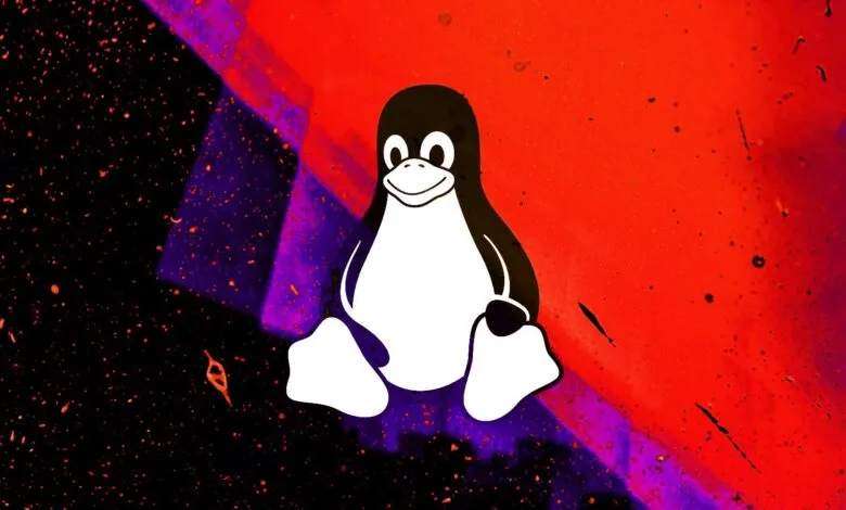 Linux penguin logo on an abstract red and purple background.