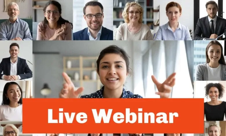 A collage of diverse faces in a live webinar, showcasing various participants engaged in an online event.