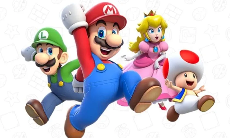 Mario, Luigi, Peach, and Toad joyfully run together against a white background with iconic game symbols.
