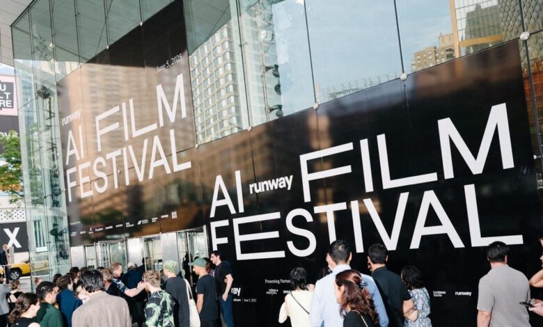 Crowd gathers outside a building displaying a large 'AI Runway Film Festival' sign.