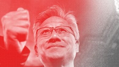 Close-up portrait of Jensen Huang, CEO of Nvidia, looking upward with a hopeful expression. Red and gray tones.