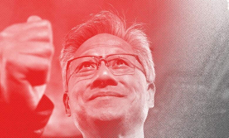 Close-up portrait of Jensen Huang, CEO of Nvidia, looking upward with a hopeful expression. Red and gray tones.