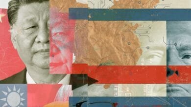 Abstract collage of Xi Jinping, Donald Trump, circuit board patterns, and the Taiwanese flag, symbolizing geopolitical tensions.
