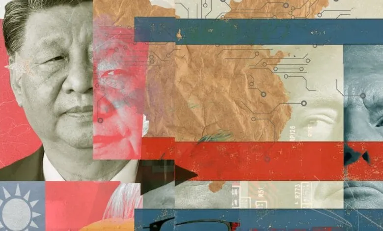Abstract collage of Xi Jinping, Donald Trump, circuit board patterns, and the Taiwanese flag, symbolizing geopolitical tensions.