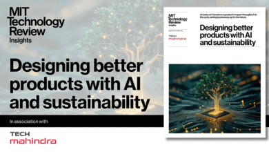 MIT Technology Review Insights report cover: AI and sustainability in product design, featuring a tree growing from a microchip.