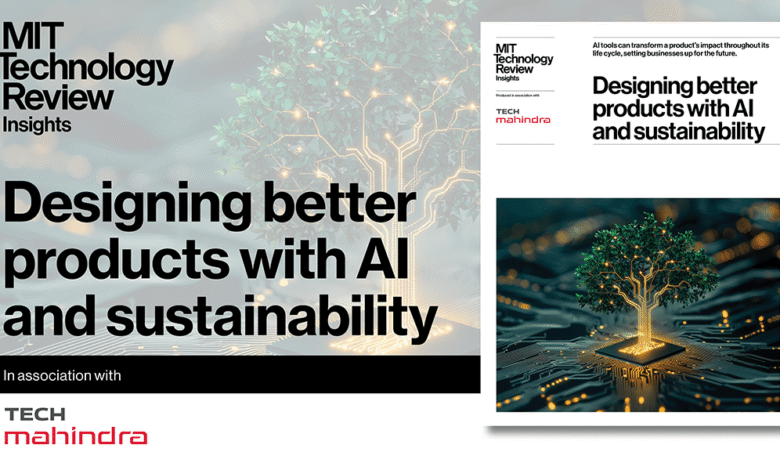 MIT Technology Review Insights report cover: AI and sustainability in product design, featuring a tree growing from a microchip.