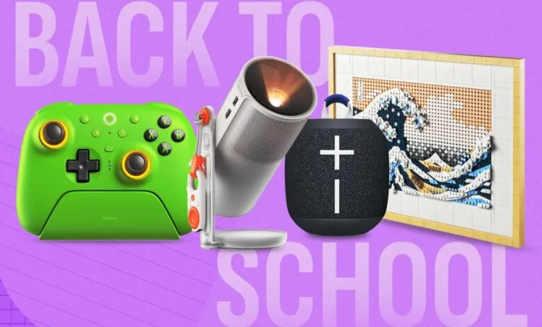 Back to school tech gadgets: green controller, projector speaker, Bluetooth speaker, Lego art.
