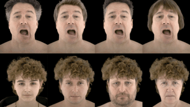 Eight headshots showing diverse hairstyles and ages, all with open mouths, against a black background.