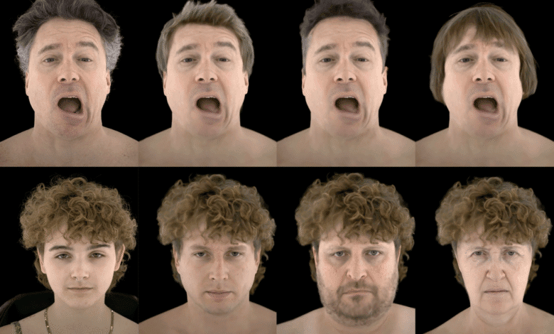 Eight headshots showing diverse hairstyles and ages, all with open mouths, against a black background.