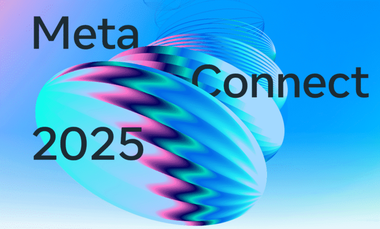 Abstract graphic for Meta Connect 2025, featuring swirling teal and pink shapes against a blue background.