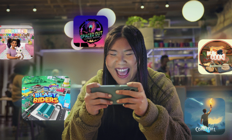 A joyful person plays mobile games, surrounded by app icons for various titles like Kitty Care Cafe, Spaced Out, and Blast Riders.