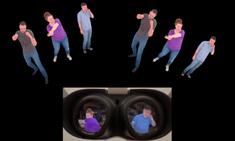 3D avatars of a man and woman, shown from multiple angles, are viewed through a VR headset.