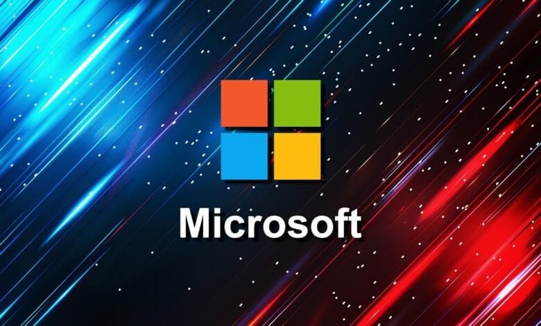 Microsoft logo on a dynamic background of blue and red streaks.