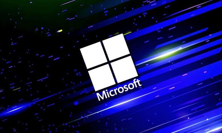Microsoft logo on a dark background with blue streaks of light, suggesting speed and innovation.
