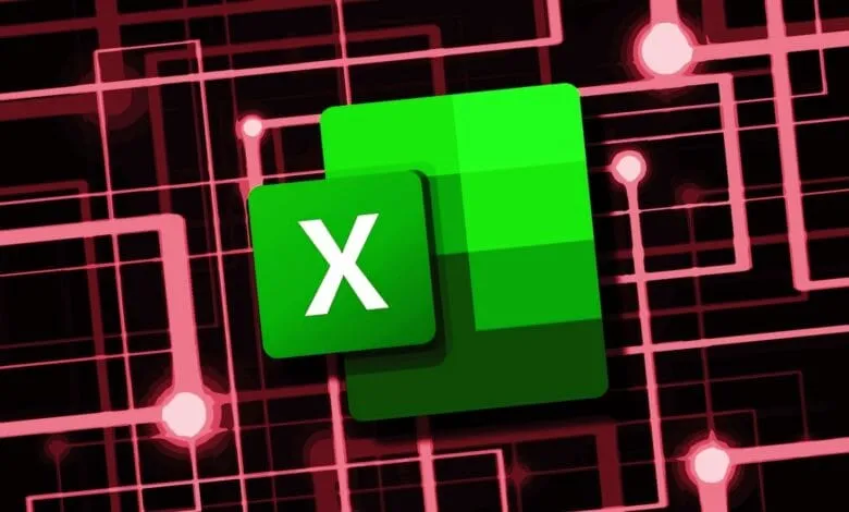 Microsoft Excel icon on a dark background with pink circuit lines. Green and white color scheme.