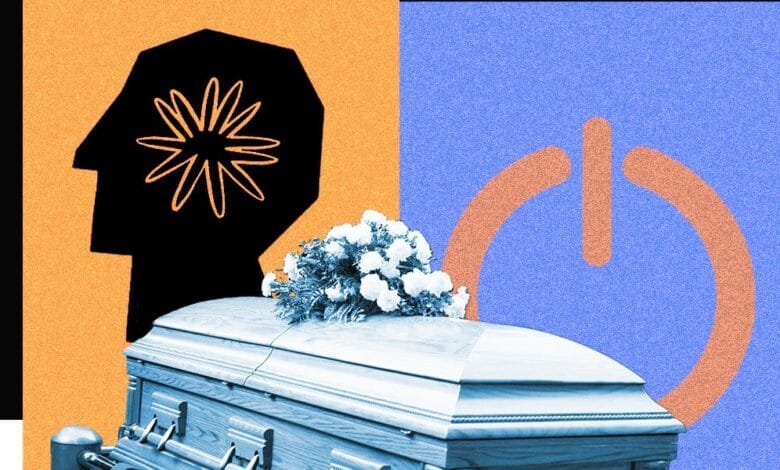 Abstract artwork depicting a coffin, flowers, a stylized head, and a power button, suggesting themes of loss, AI, or shutdown.
