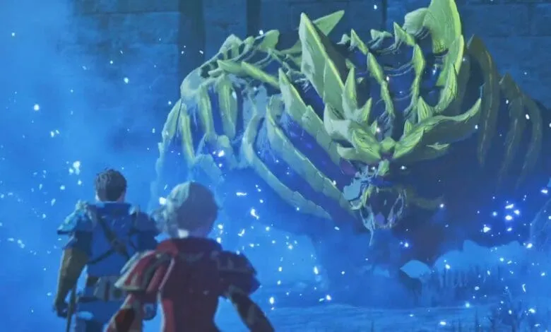 Two adventurers face a massive, glowing yellow monster in a dark, blue-lit environment. Particles float in the air.