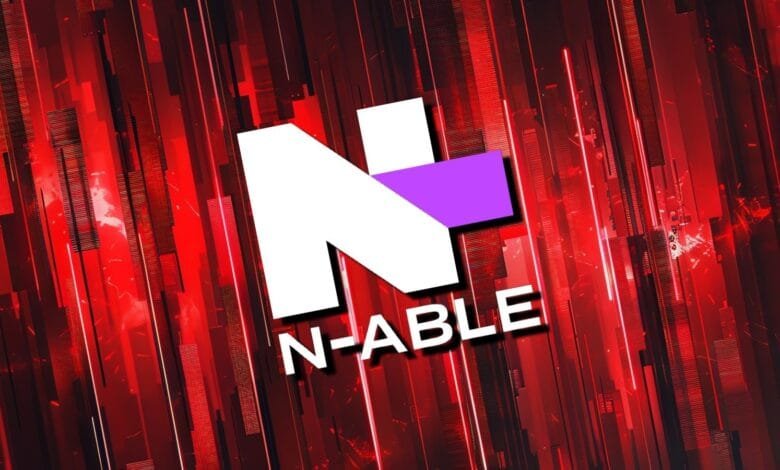 N-able logo on a red and black background with vertical lines.